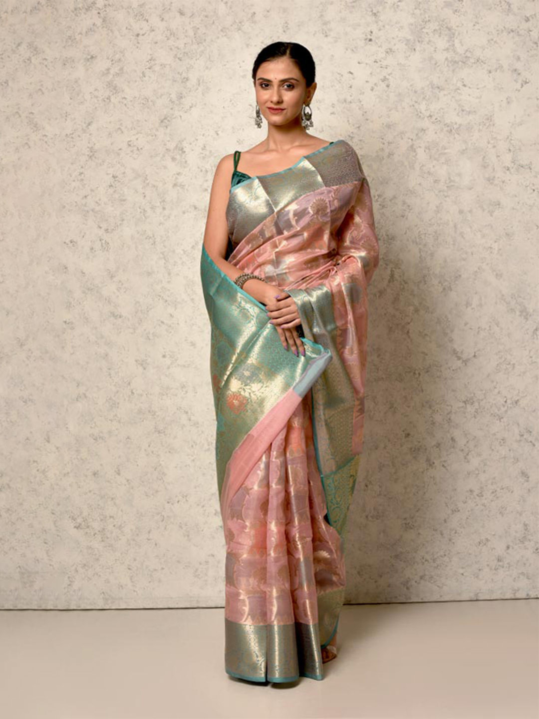 

AllSilks Ethnic Motifs Woven Design Zari Detailed Organza Saree, Pink