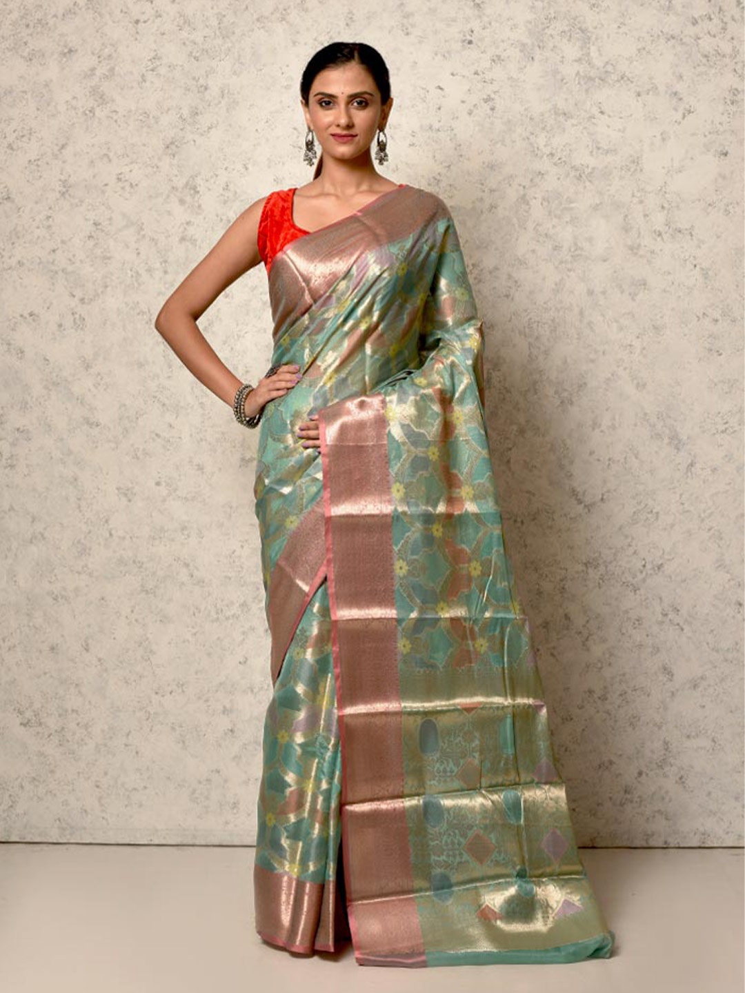 

AllSilks Floral Woven Design Zari Organza Saree, Green