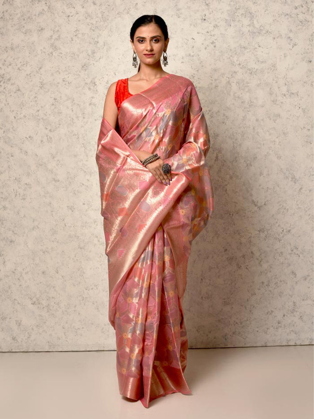 

AllSilks Ethnic Motifs Woven Design Zari Organza Saree, Pink