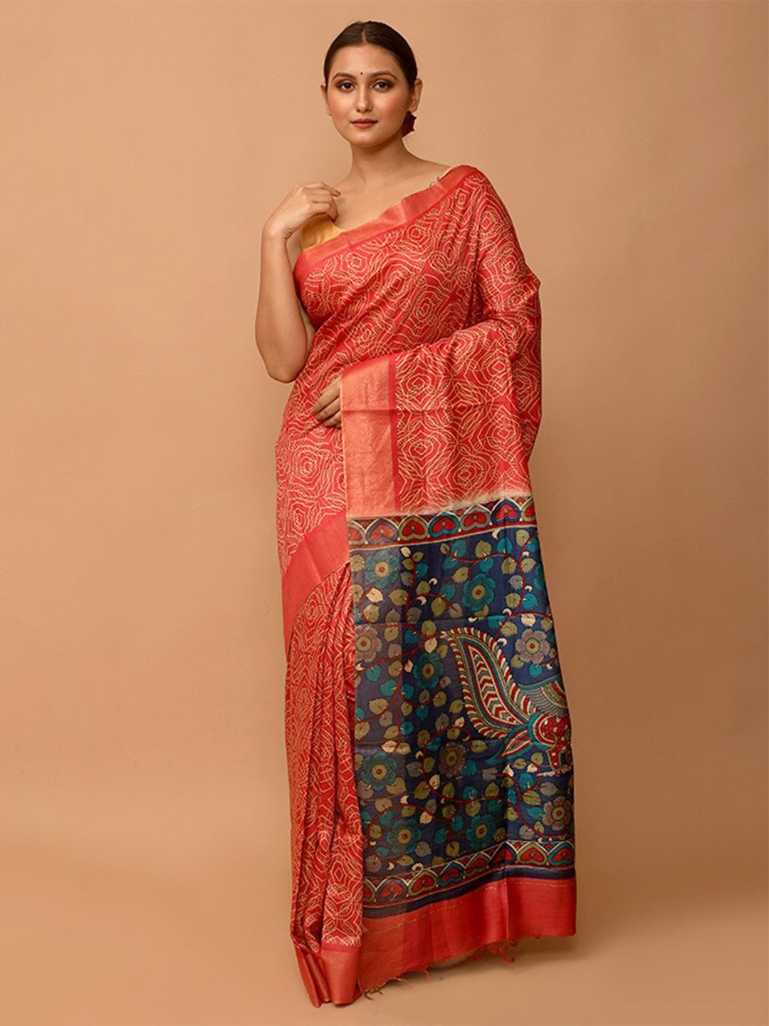 

AllSilks Pink & Blue Ethnic Motifs Silk Blend Tussar Saree