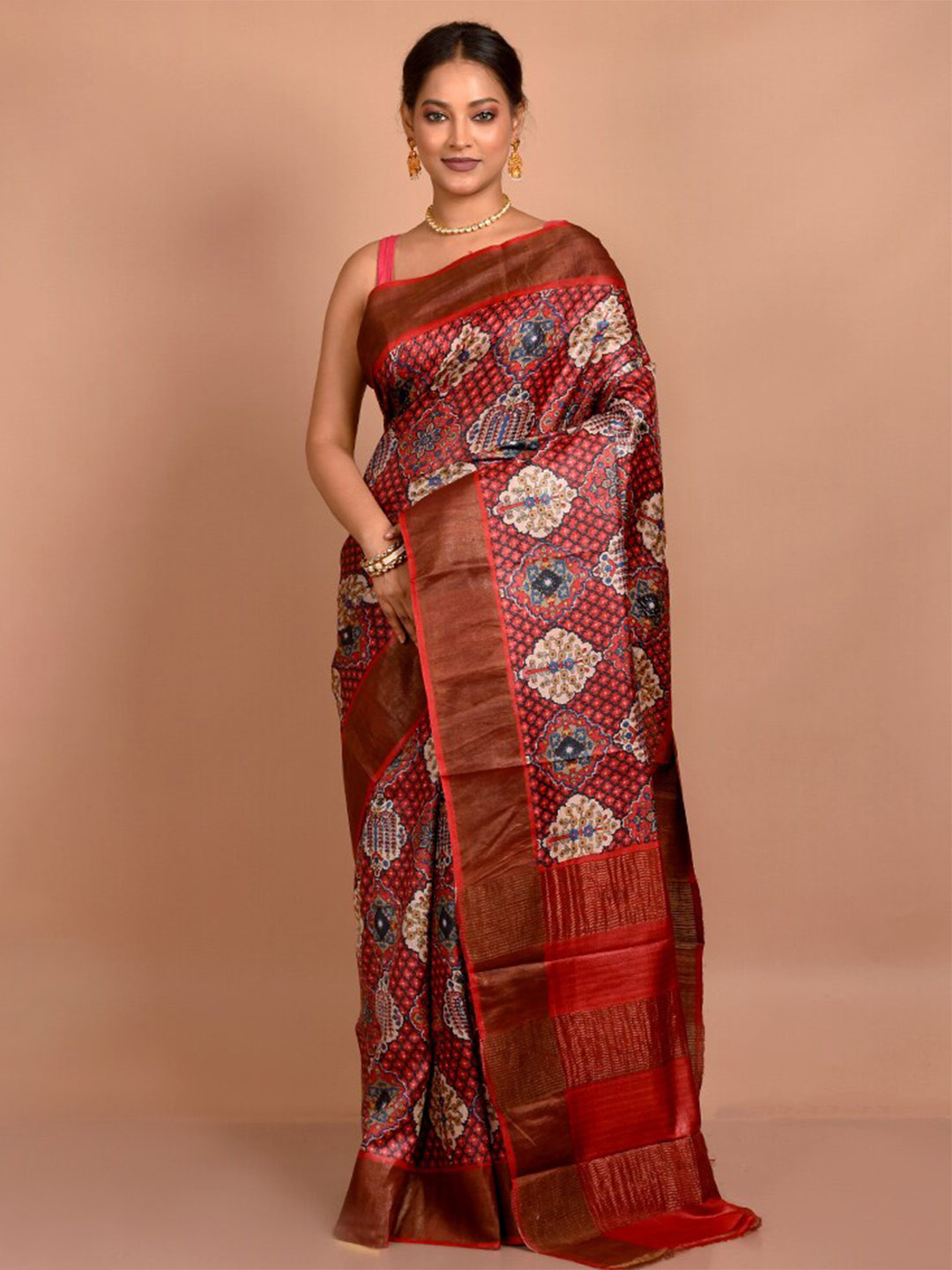 

AllSilks Ethnic Motifs Printed Tussar Saree, Red