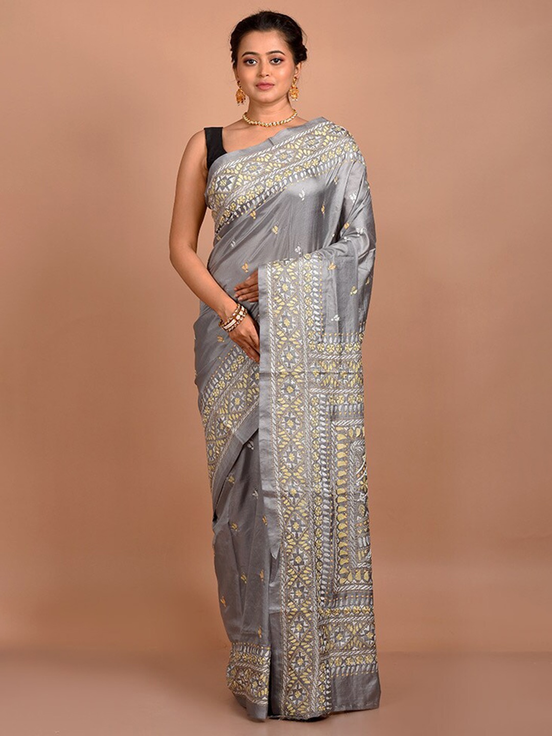 

AllSilks Floral Embroidered Kantha Work Pure Silk Saree, Grey