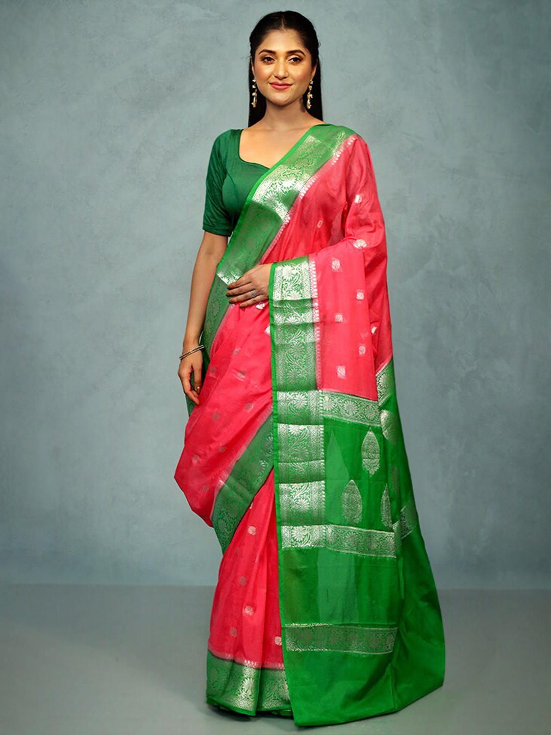 

AllSilks Ethnic Motifs Woven Design Zari Silk Blend Saree, Pink