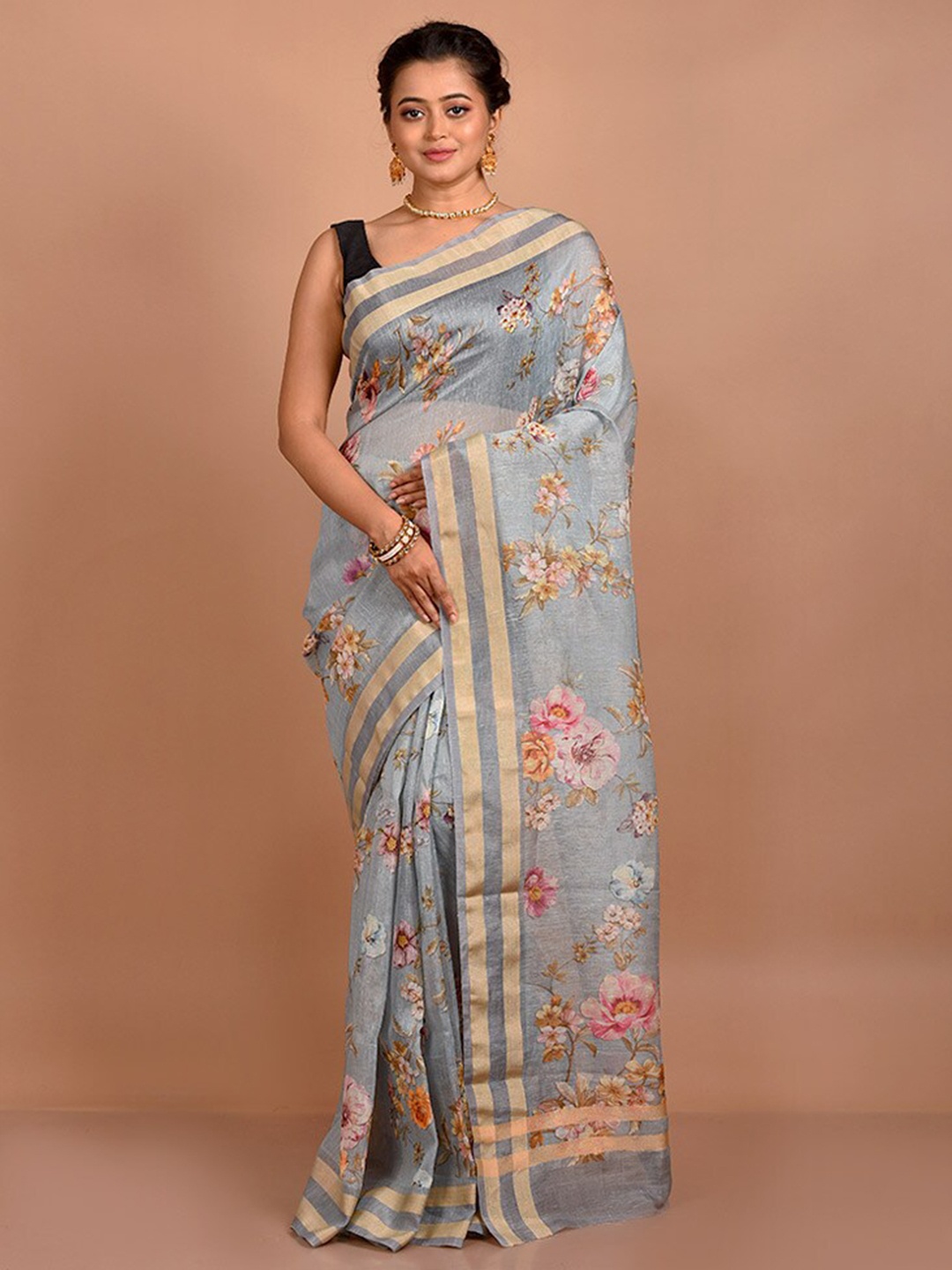 

AllSilks Floral Printed Zari Organza Saree, Grey