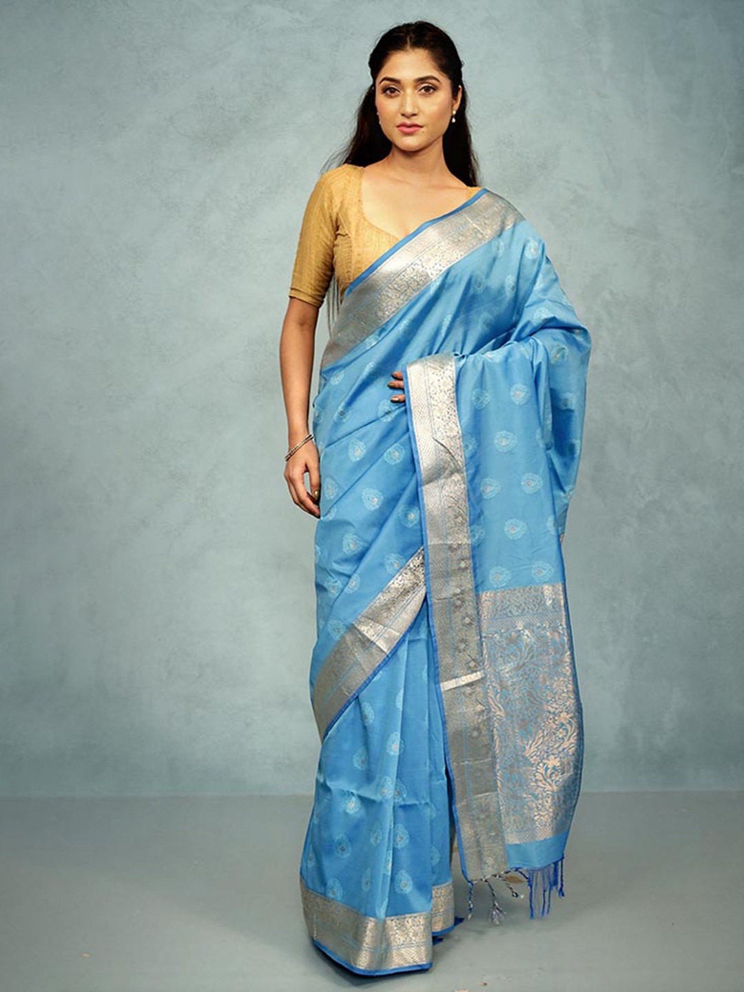 

AllSilks Ethnic Motifs Woven Design Zari Kanjeevaram Saree, Blue