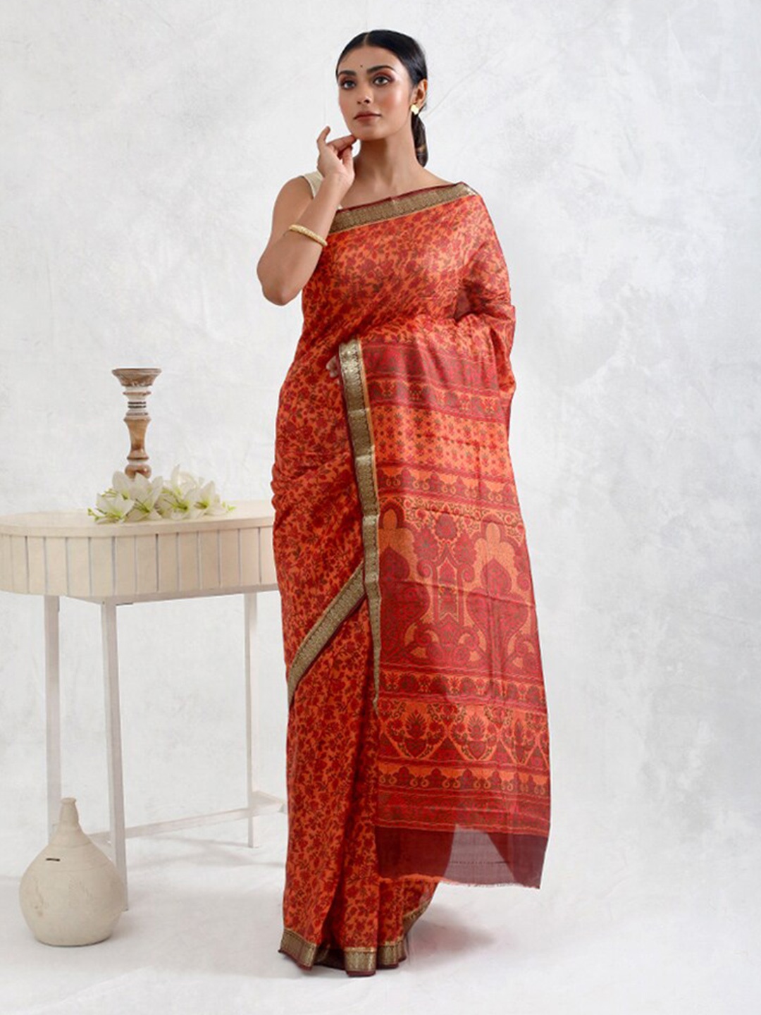 

AllSilks Ethnic Motifs Printed Zari Pure Silk Saree, Peach