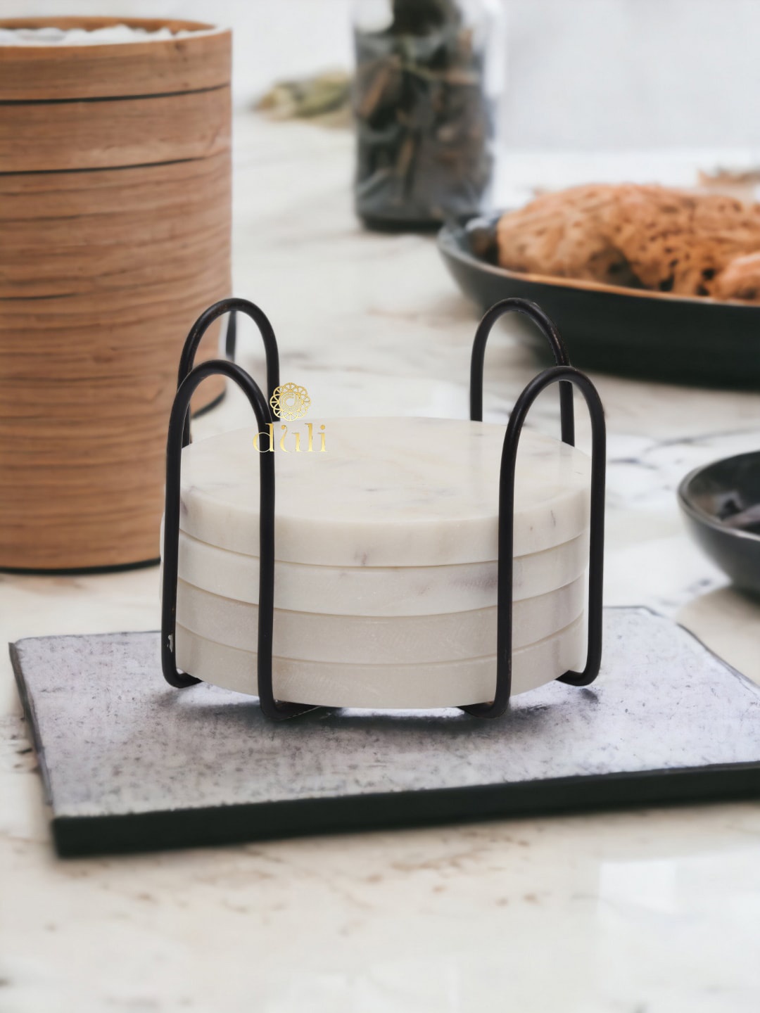 

DULI White 4 Pieces Round Marble Coasters With Stand