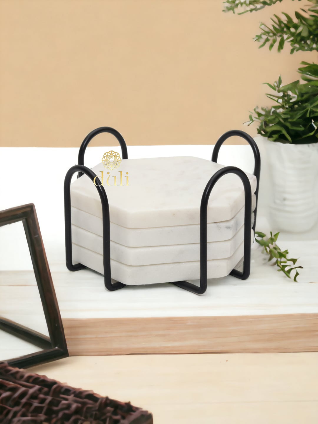 

DULI 4-Pcs White Hexagon Marble Coasters With Stand
