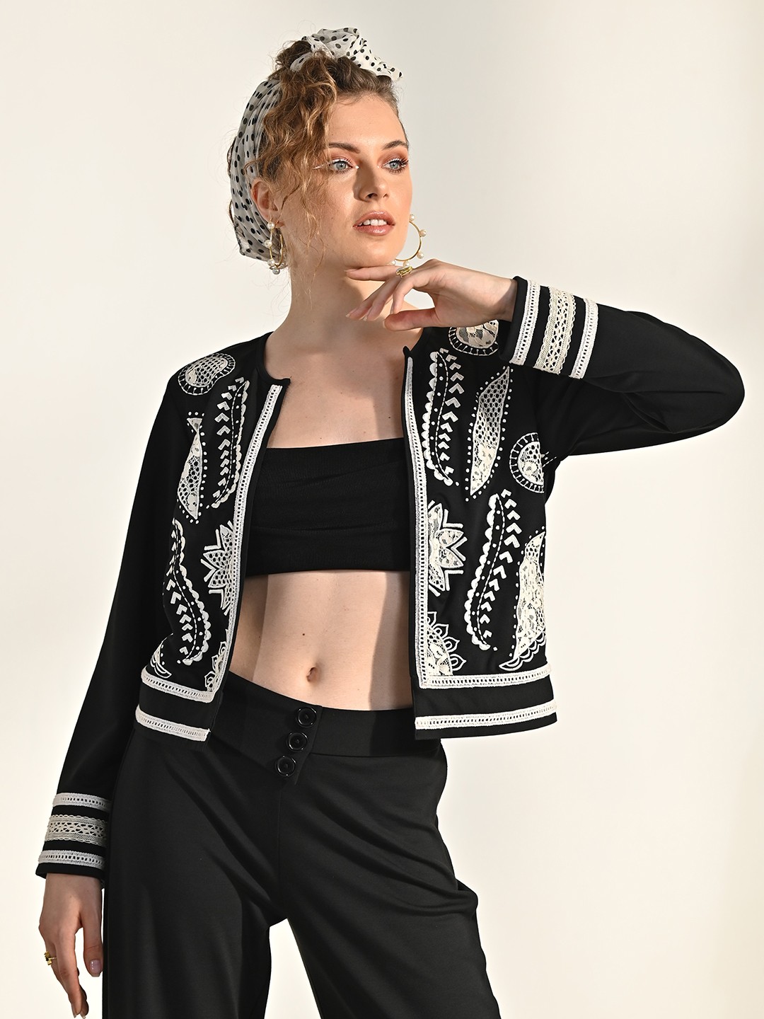 

Taurus Floral Embroidered Collarless Tailored Jacket, Black