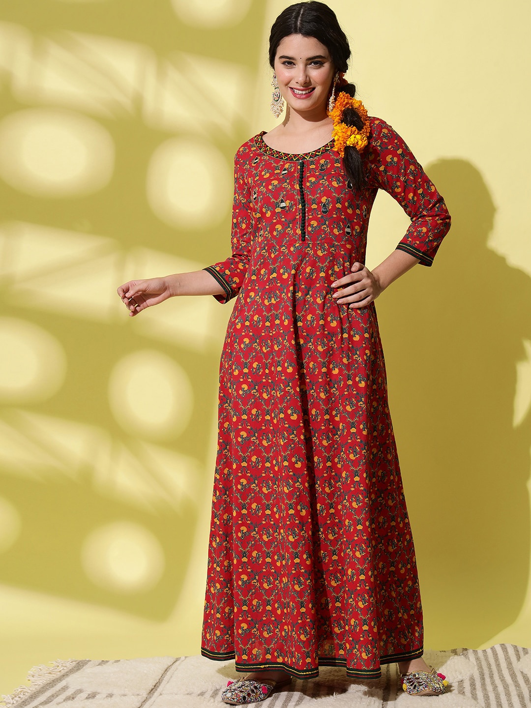

AAYUMI Ethnic Motifs Printed Pure Cotton Maxi Ethnic Dress, Red