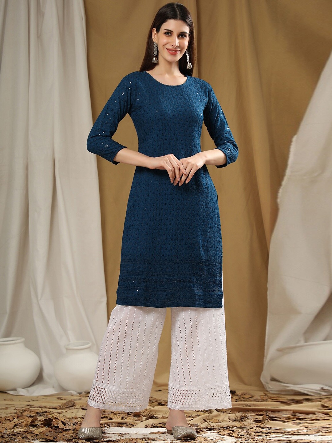 

BLACK SCISSOR Chikankari Embroidered Georgette Kurta, Teal