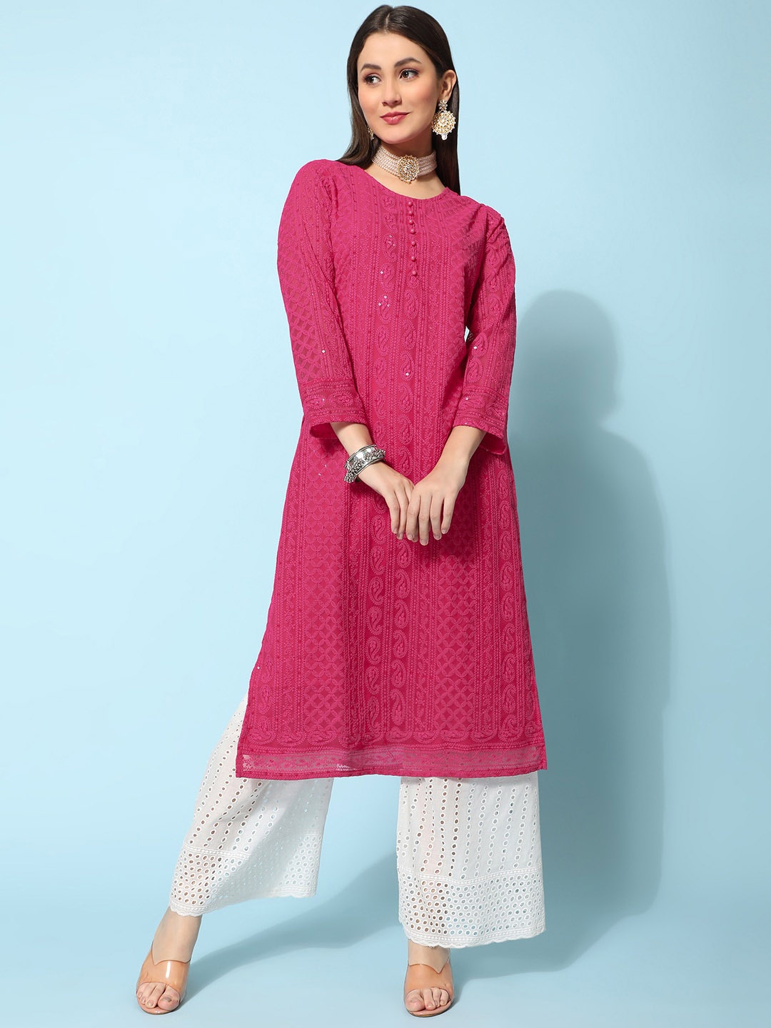 

BLACK SCISSOR Chikankari Embroidered Georgette Kurta, Pink