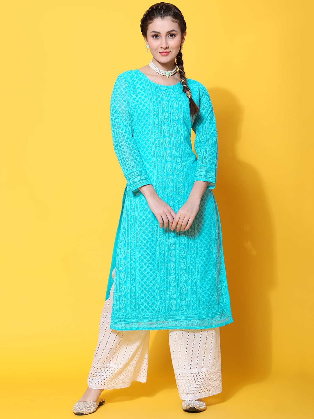 

BLACK SCISSOR Ethnic Motifs Embroidered Chikankari Kurta, Blue