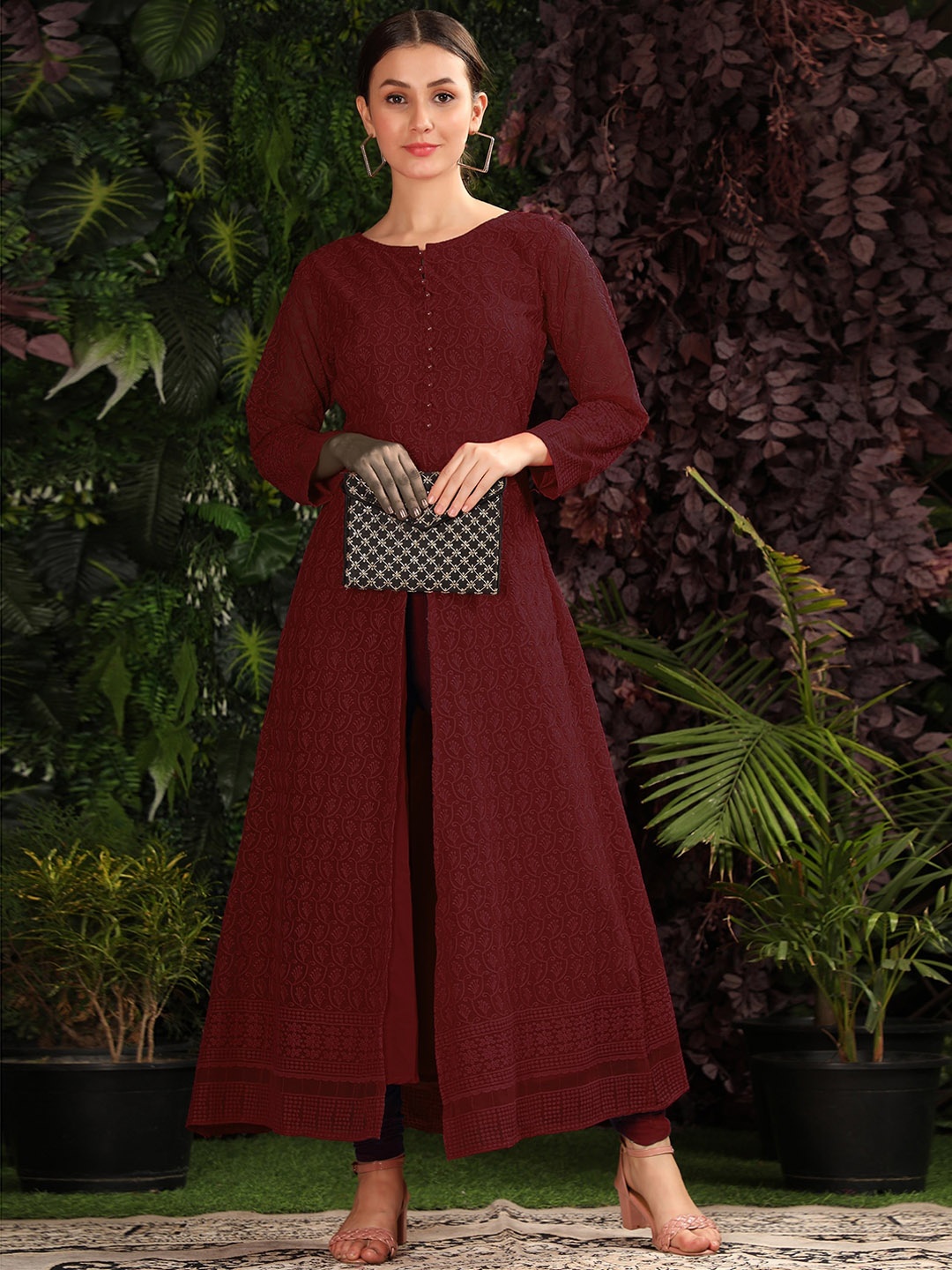 

BLACK SCISSOR Ethnic Motifs Chikankari Embroidered Georgette A-Line Kurta, Maroon