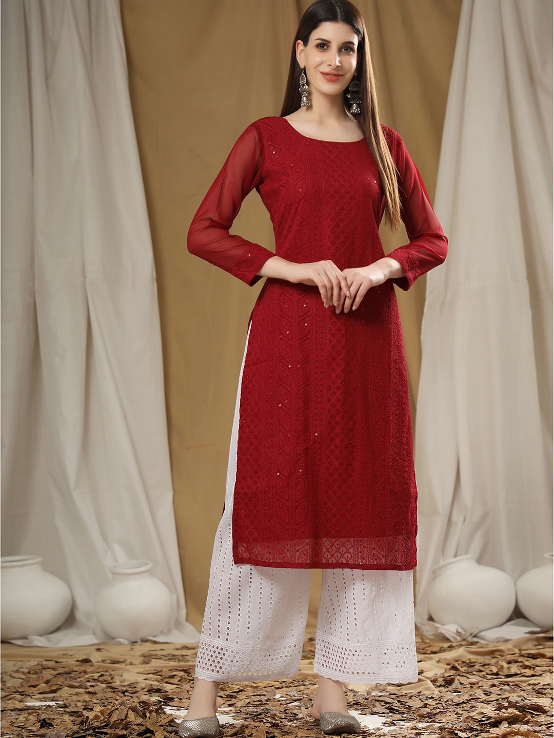 

BLACK SCISSOR Floral Embroidered Keyhole Neck Chikankari Georgette Kurta, Maroon