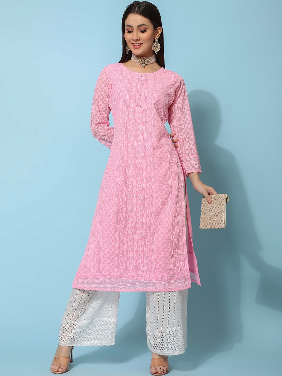 

BLACK SCISSOR Geometric Georgette Straight Kurta, Pink