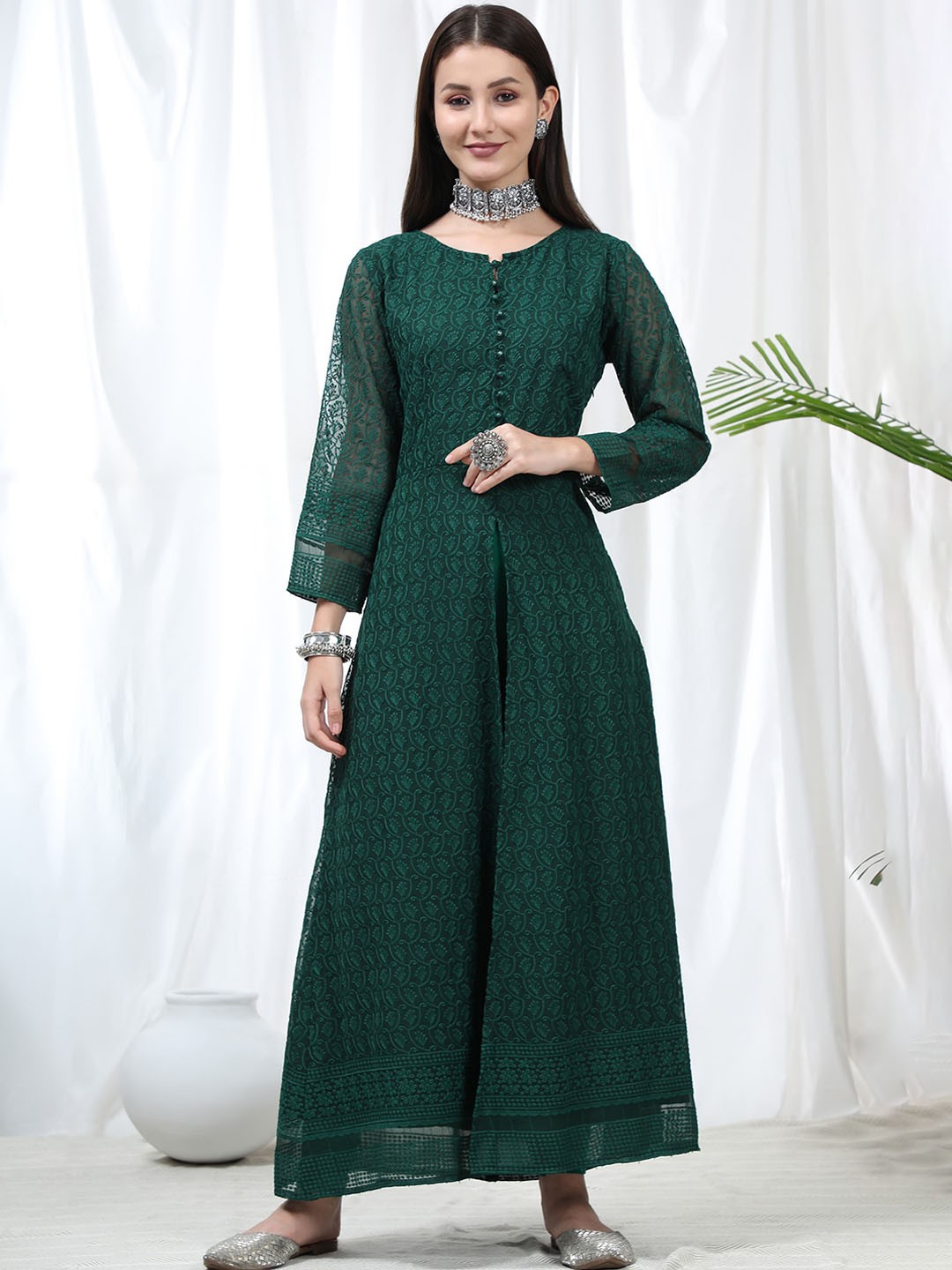 

BLACK SCISSOR Chikankari Georgette A-Line Kurta, Green