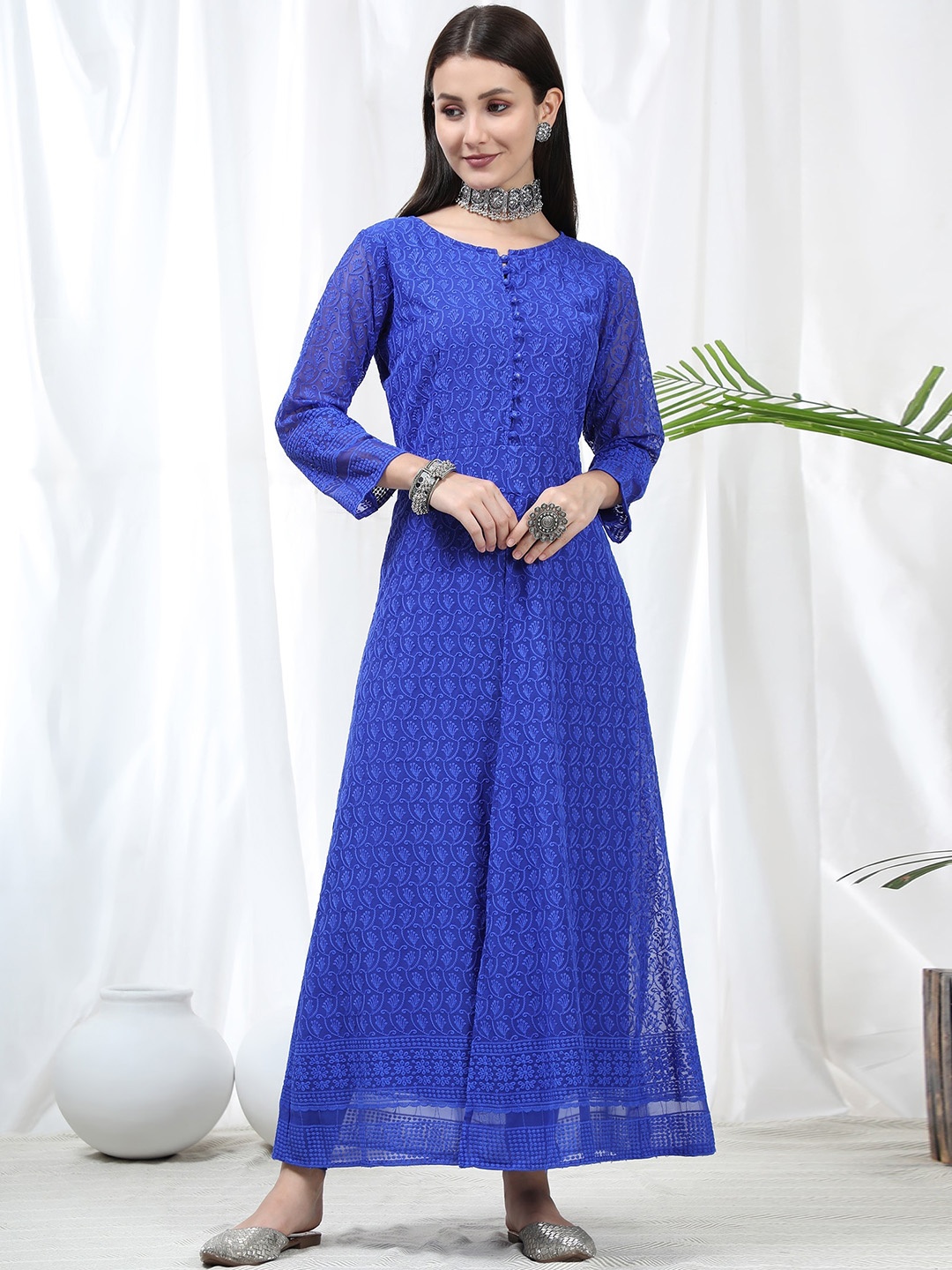 

BLACK SCISSOR Ethnic Motifs Chikankari Embroidered Georgette A-Line Kurta, Blue