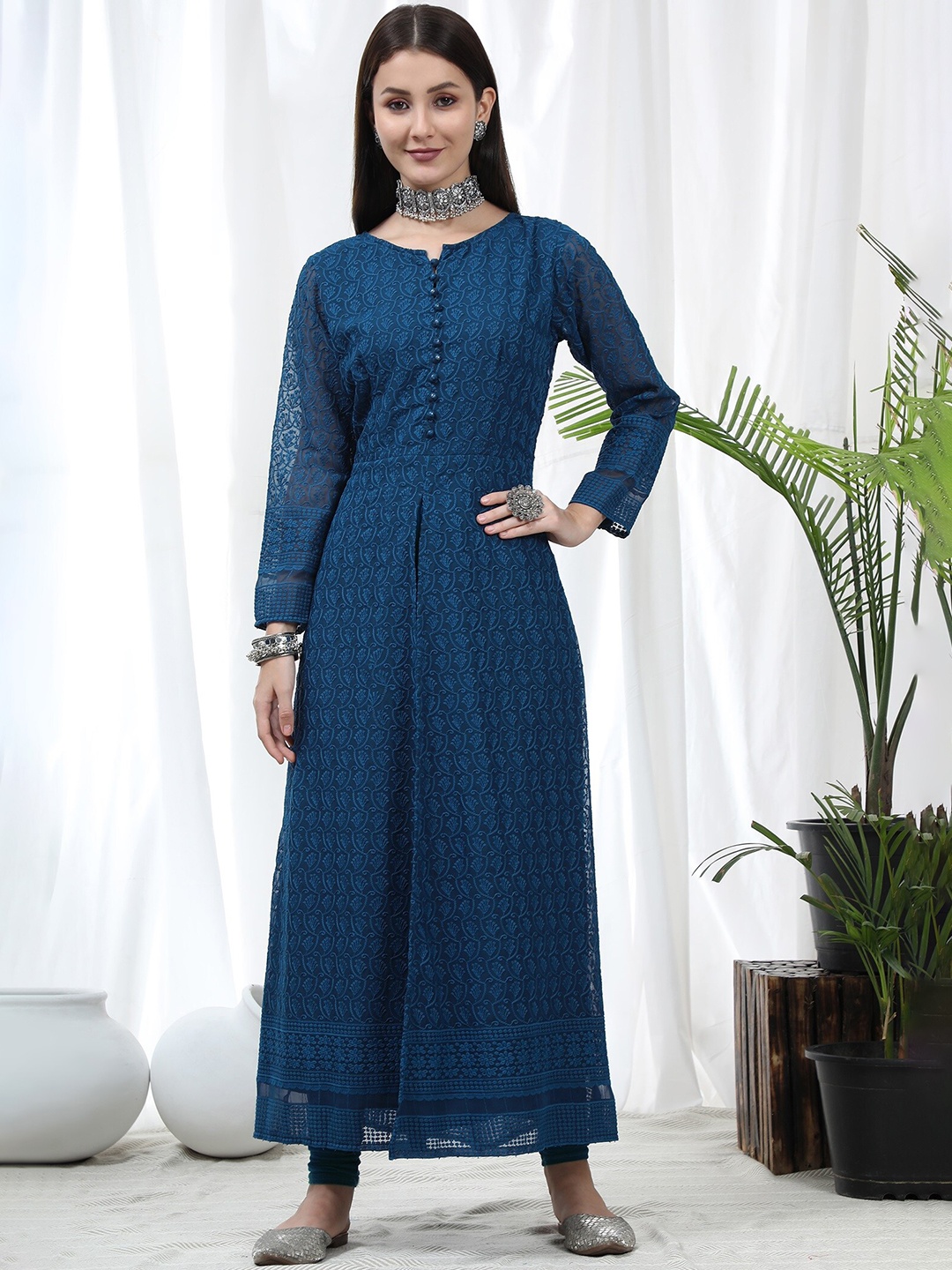 

BLACK SCISSOR Ethnic Motifs Embroidered Georgette A-Line Kurta, Teal