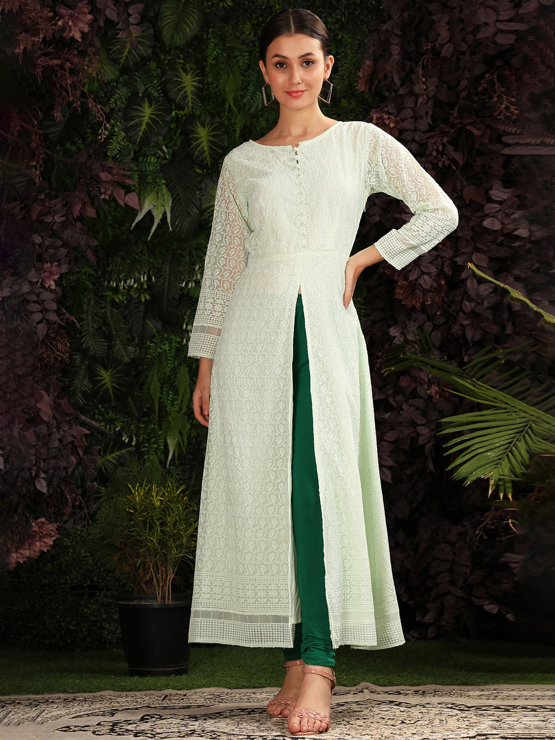 

BLACK SCISSOR Ethnic Motifs Embroidered Georgette A-Line Kurta, Green