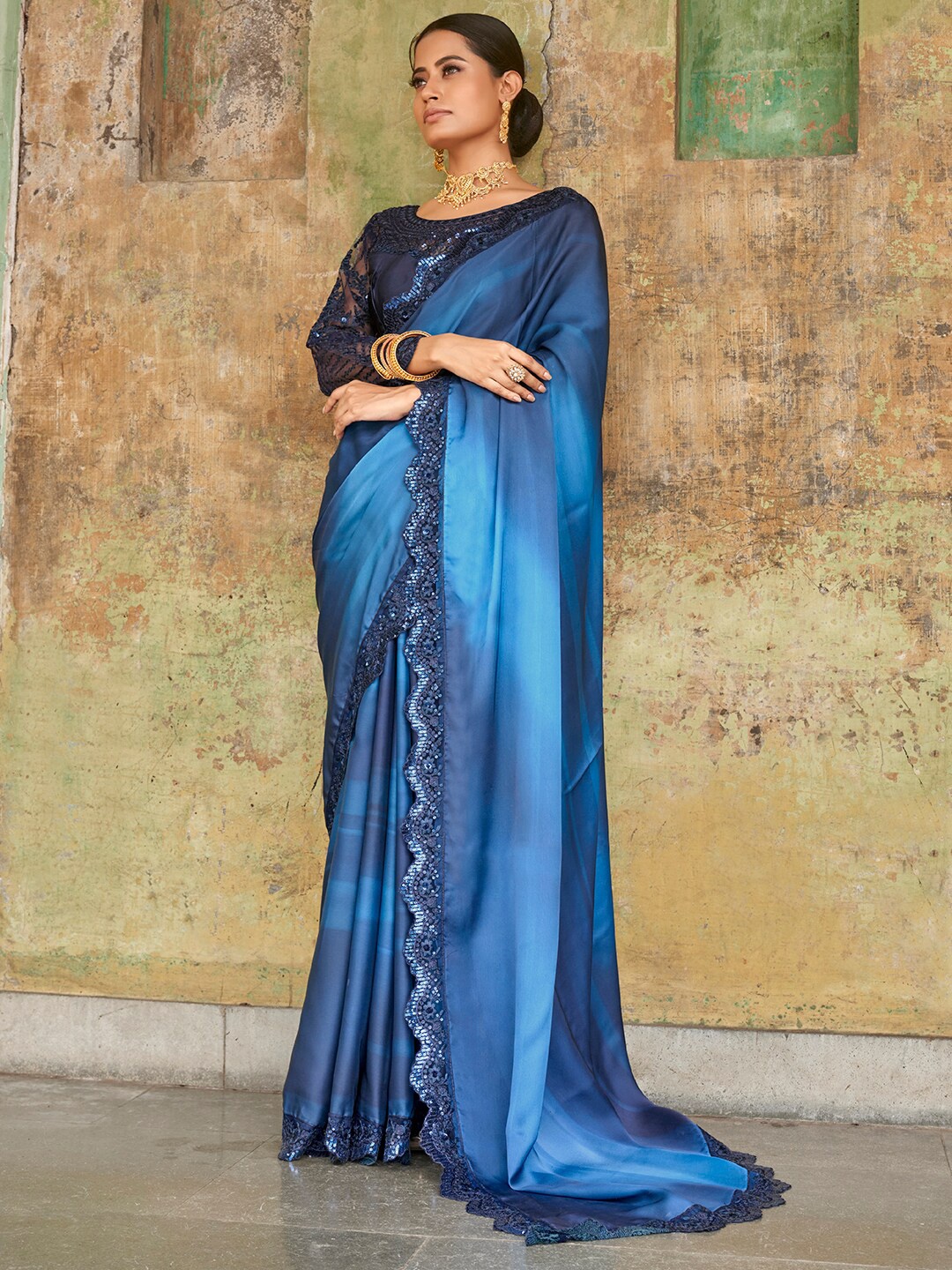 

FABPIXEL Ombre Dyed Satin Saree, Navy blue