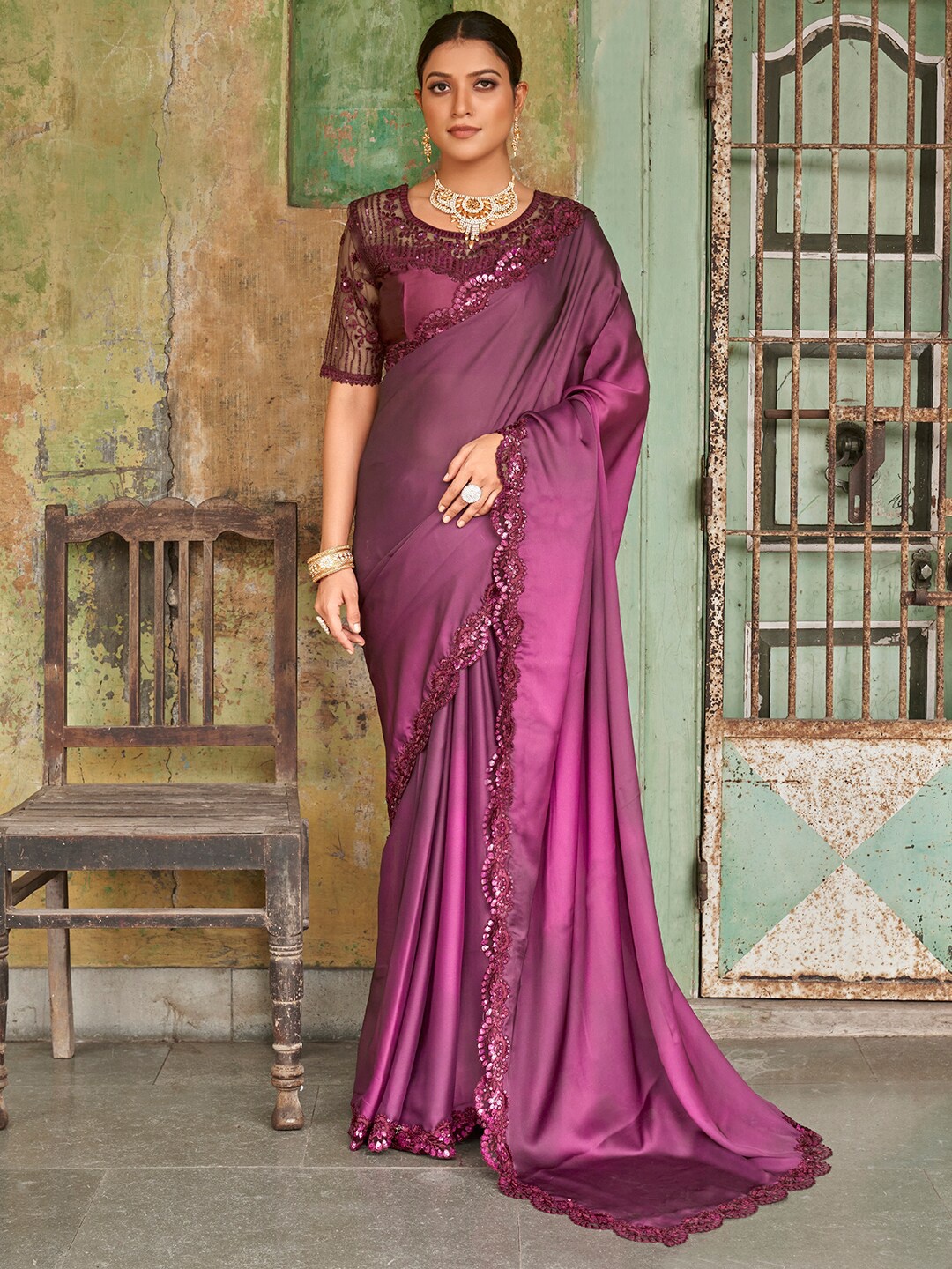

FABPIXEL Embroidered Satin Saree, Purple