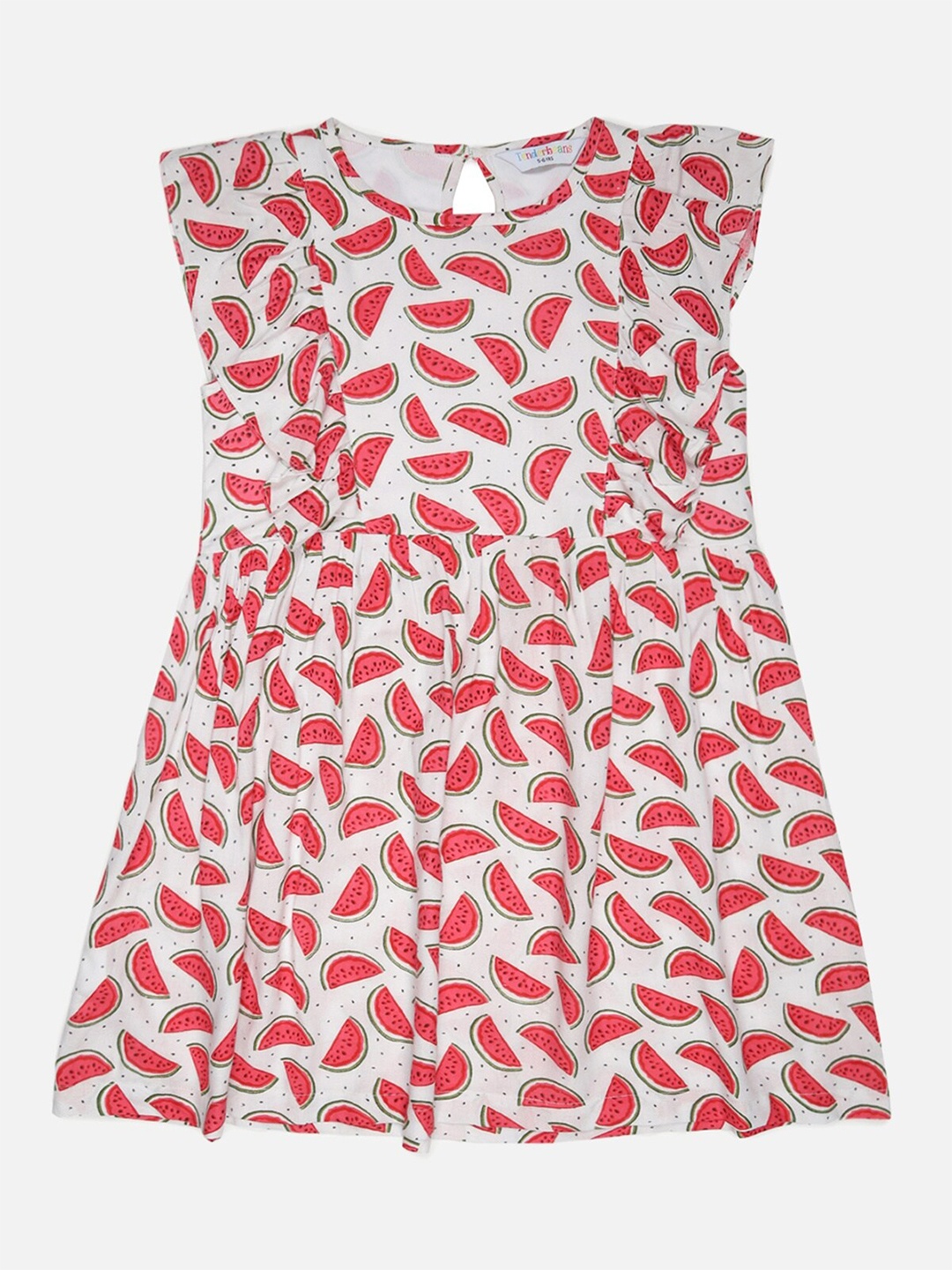 

UrbanMark Girls Conversational Printed Ruffled A-Line Dress, White