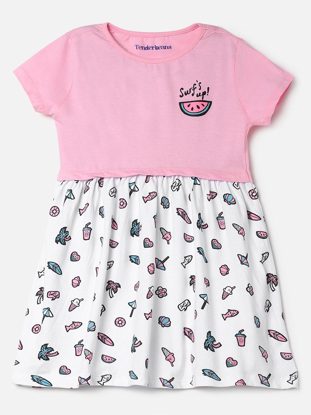 

UrbanMark Girls Conversational Printed Pure Cotton Fit & Flare Dress, Pink