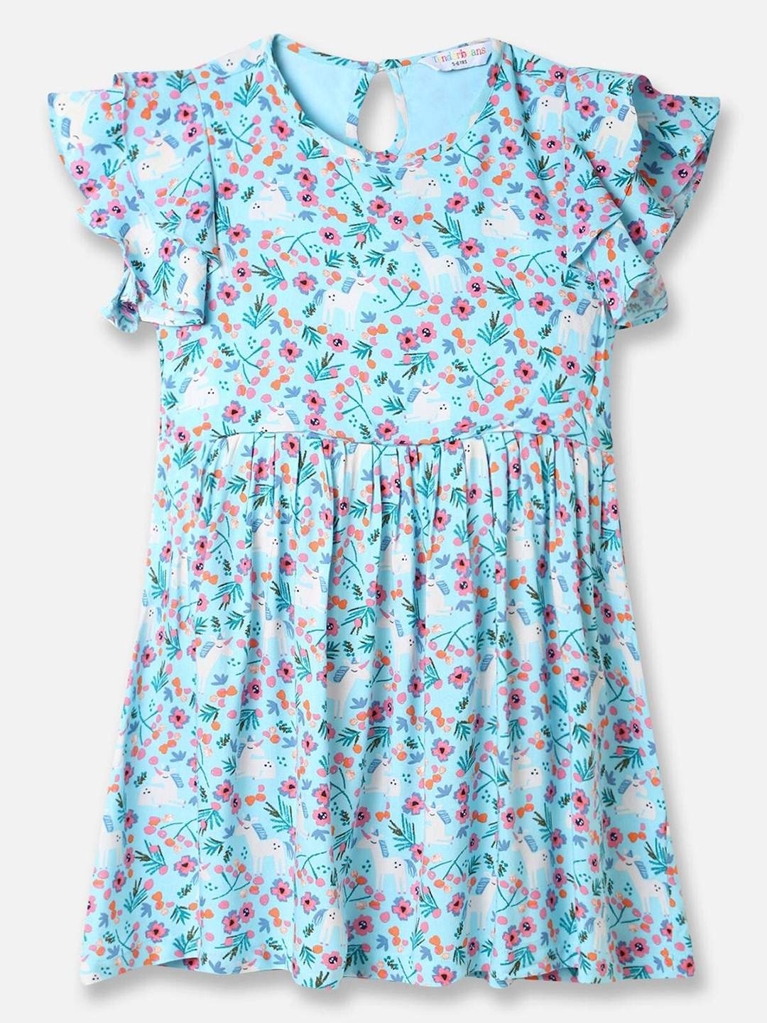

UrbanMark Girls Floral Printed Ruffled Flutter Sleeves Gathered A-Line Dress, Blue