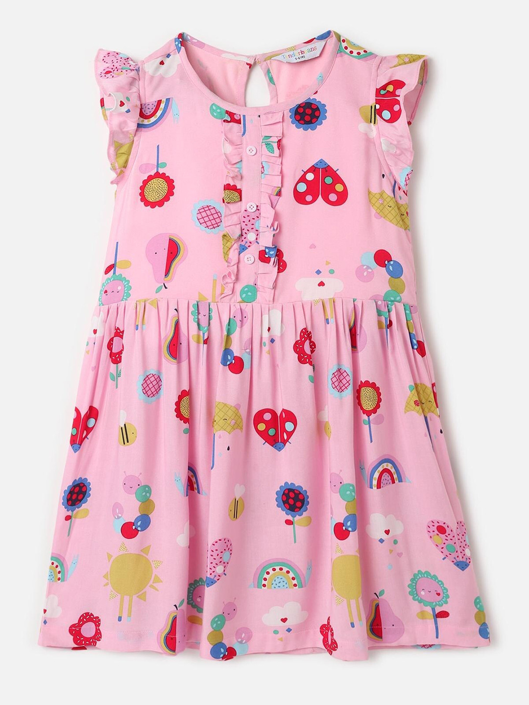 

UrbanMark Girls Conversational Printed Flutter Sleeves Ruffled Gathered A-Line Dress, Pink