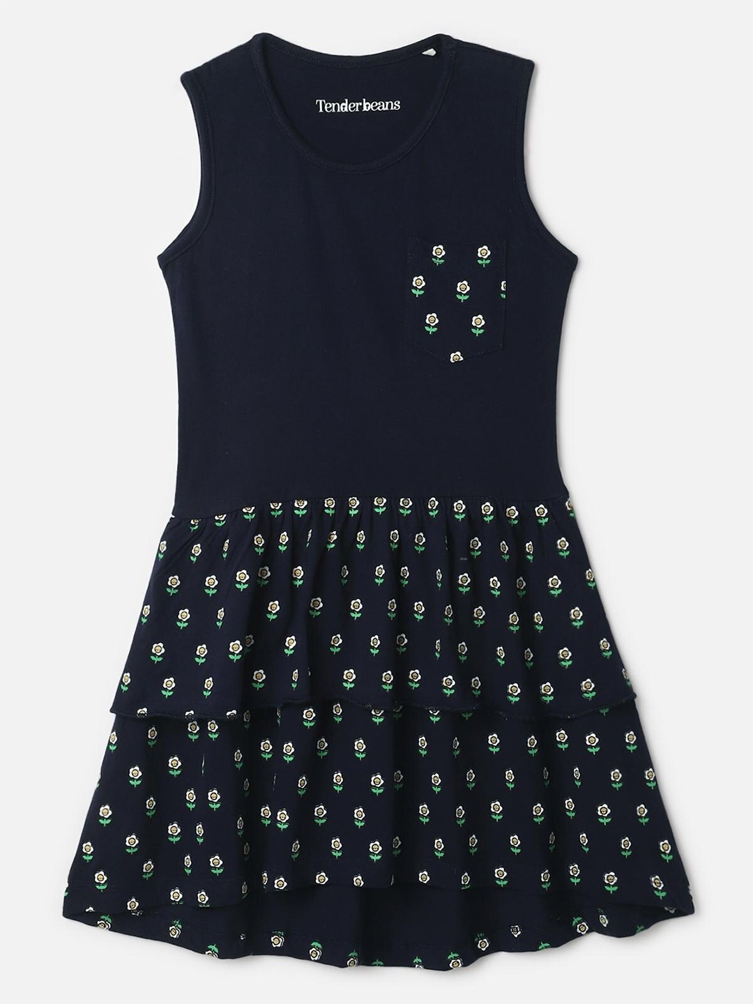 

UrbanMark Girls Floral Printed Pure Cotton A-Line Dress, Navy blue