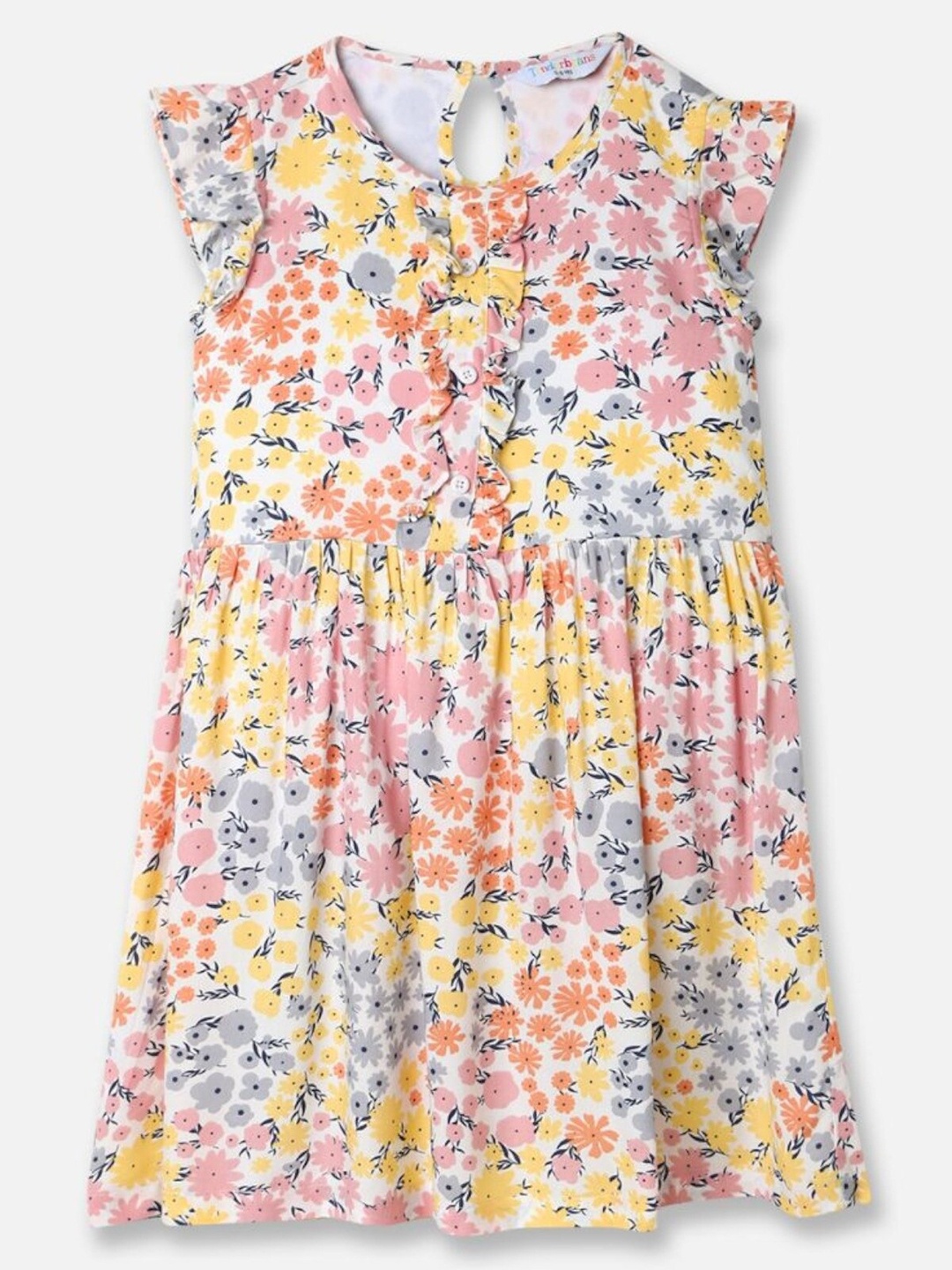 

UrbanMark Girls Floral Printed Flutter Sleeves Gathered Fit & Flare Dress, White