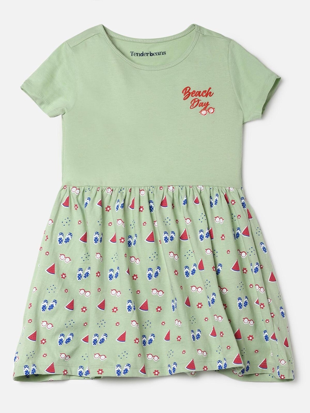 

UrbanMark Girls Conversational Printed Cotton A-Line Dress, Green