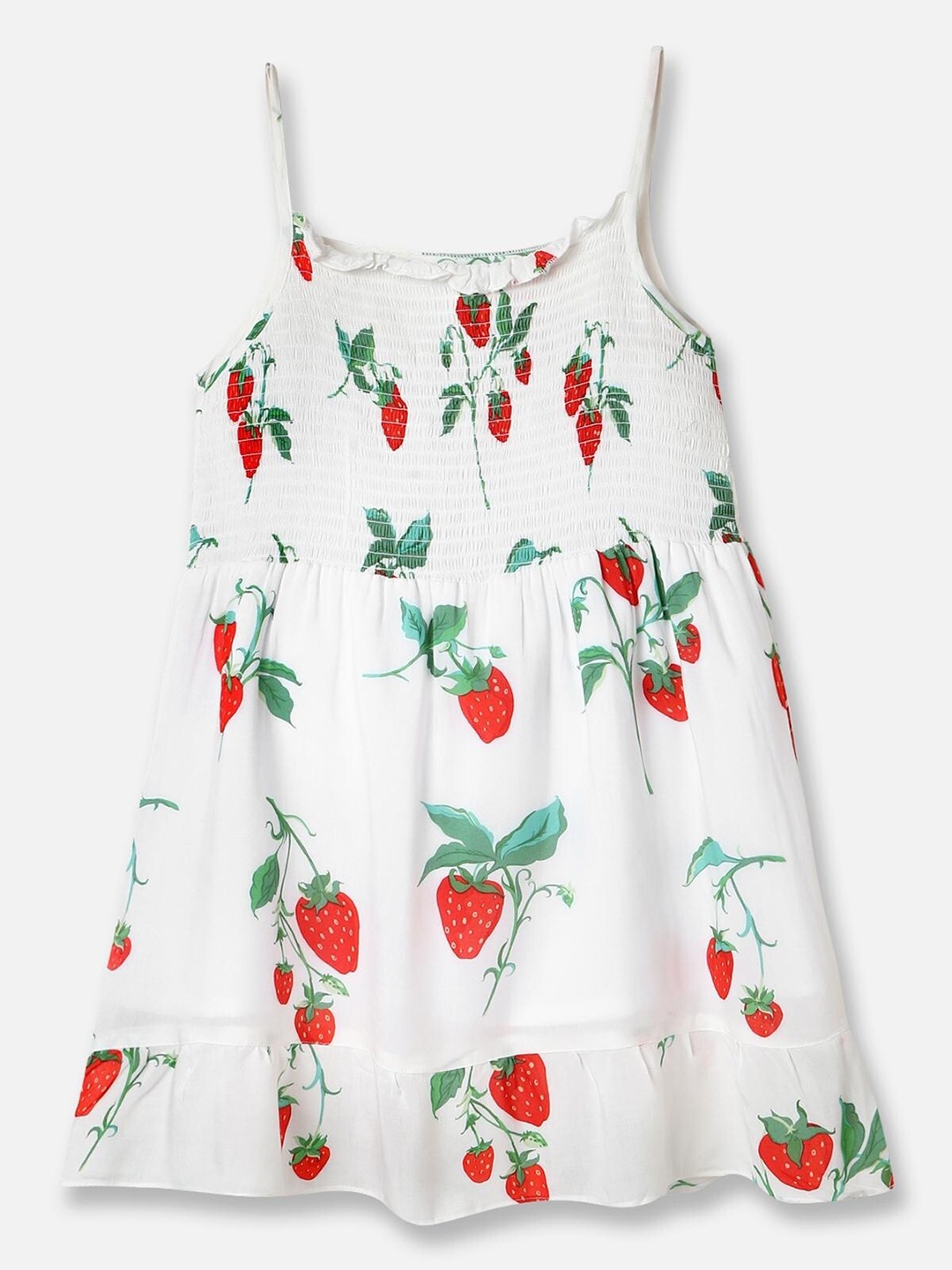 

UrbanMark Girls Floral Printed Shoulder Straps Smocked A-Line Dress, White
