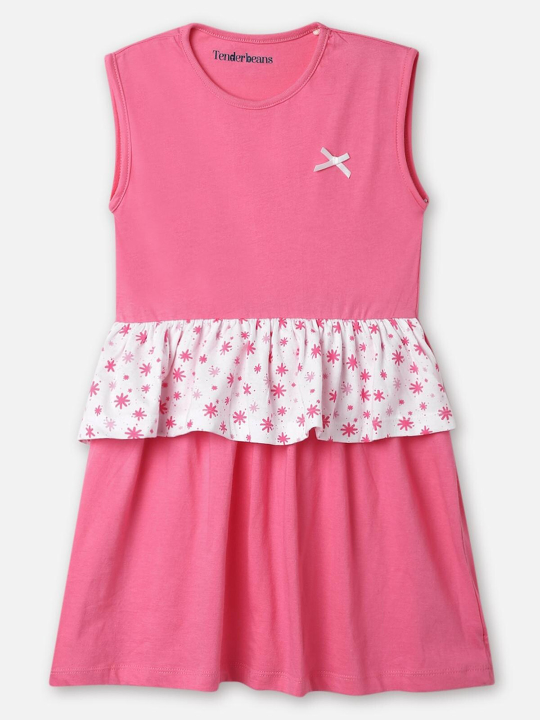 

UrbanMark Girls Layered Gathered Sleeveless Pure Cotton A-Line Dress, Pink