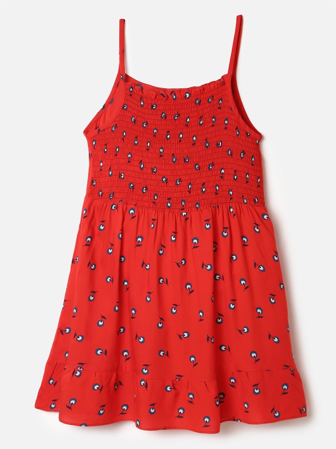 

UrbanMark Girls Conversational Printed Shoulder Straps Smocked A-Line Dress, Red