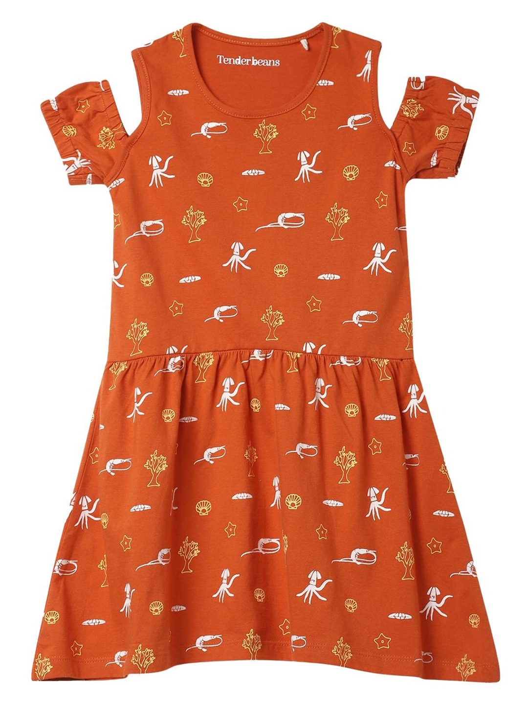 

UrbanMark Girls Conversational Printed Cold Shoulder Gathered Pure Cotton A-Line Dress, Orange