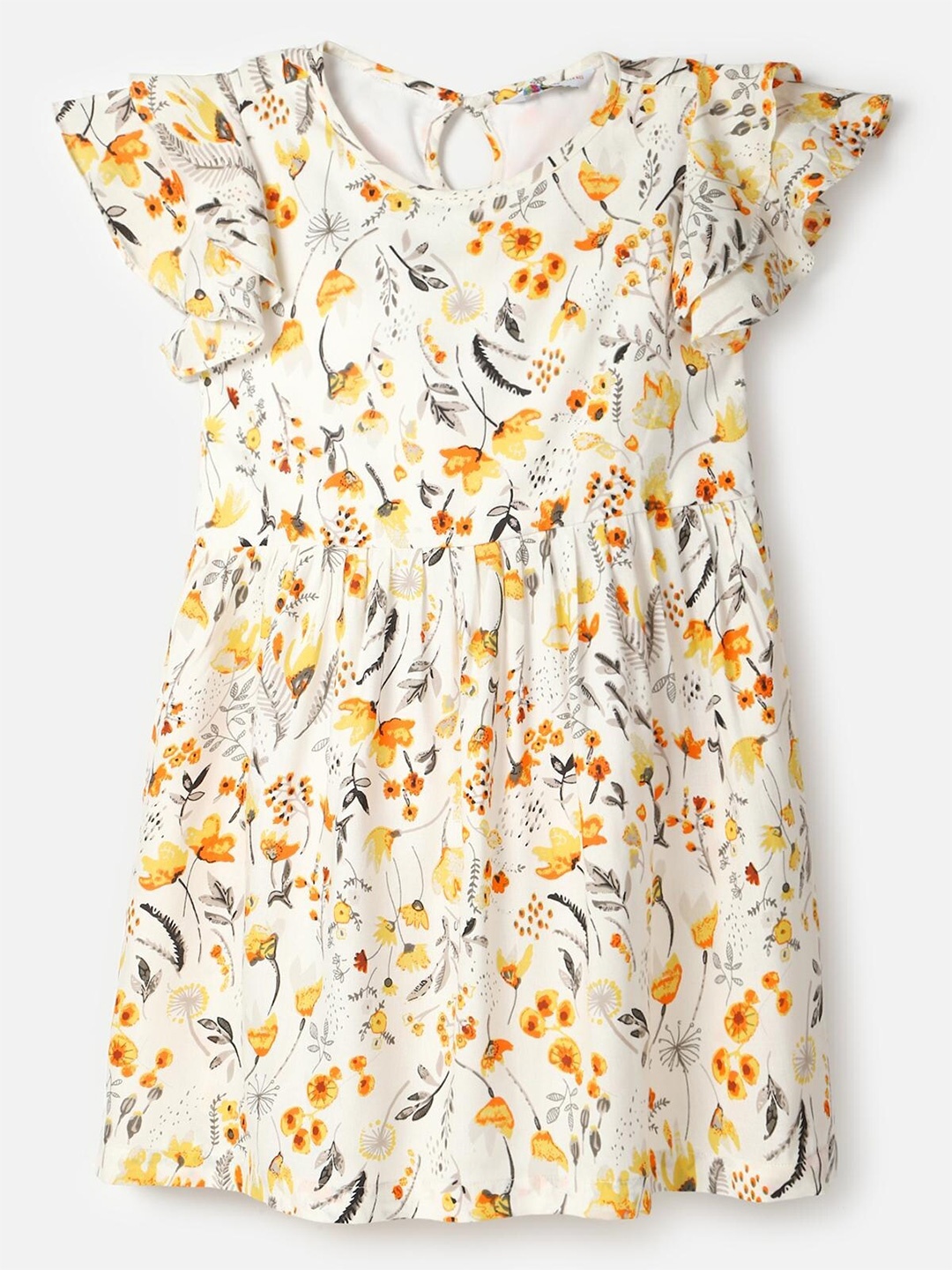 

UrbanMark Girls Floral Printed Flutter Sleeves Gathered A-Line Dress, White