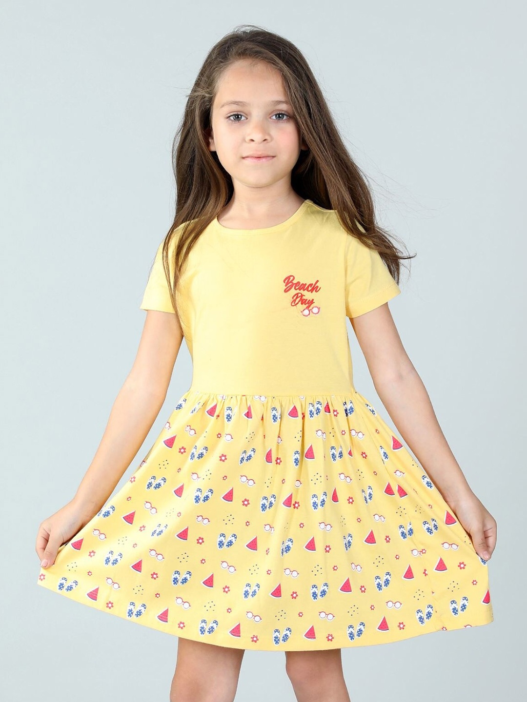 

UrbanMark Girls Conversational Printed Gathered Cotton A-Line Dress, Yellow