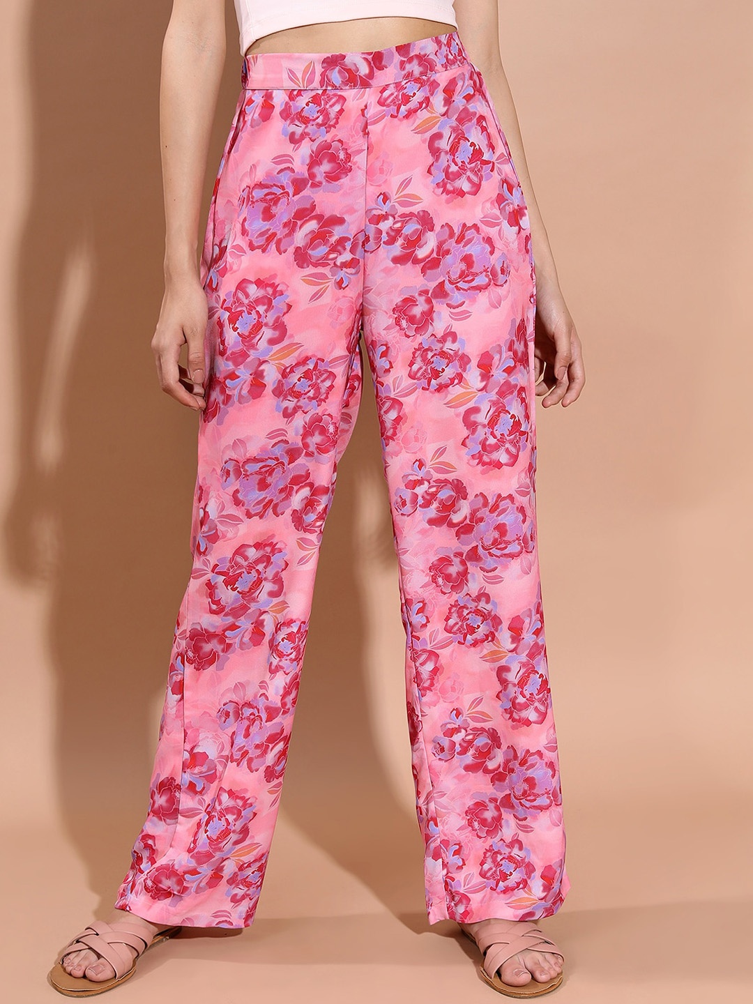 

Tokyo Talkies Women Pink Floral Printed Straight Fit Parallel Trousers