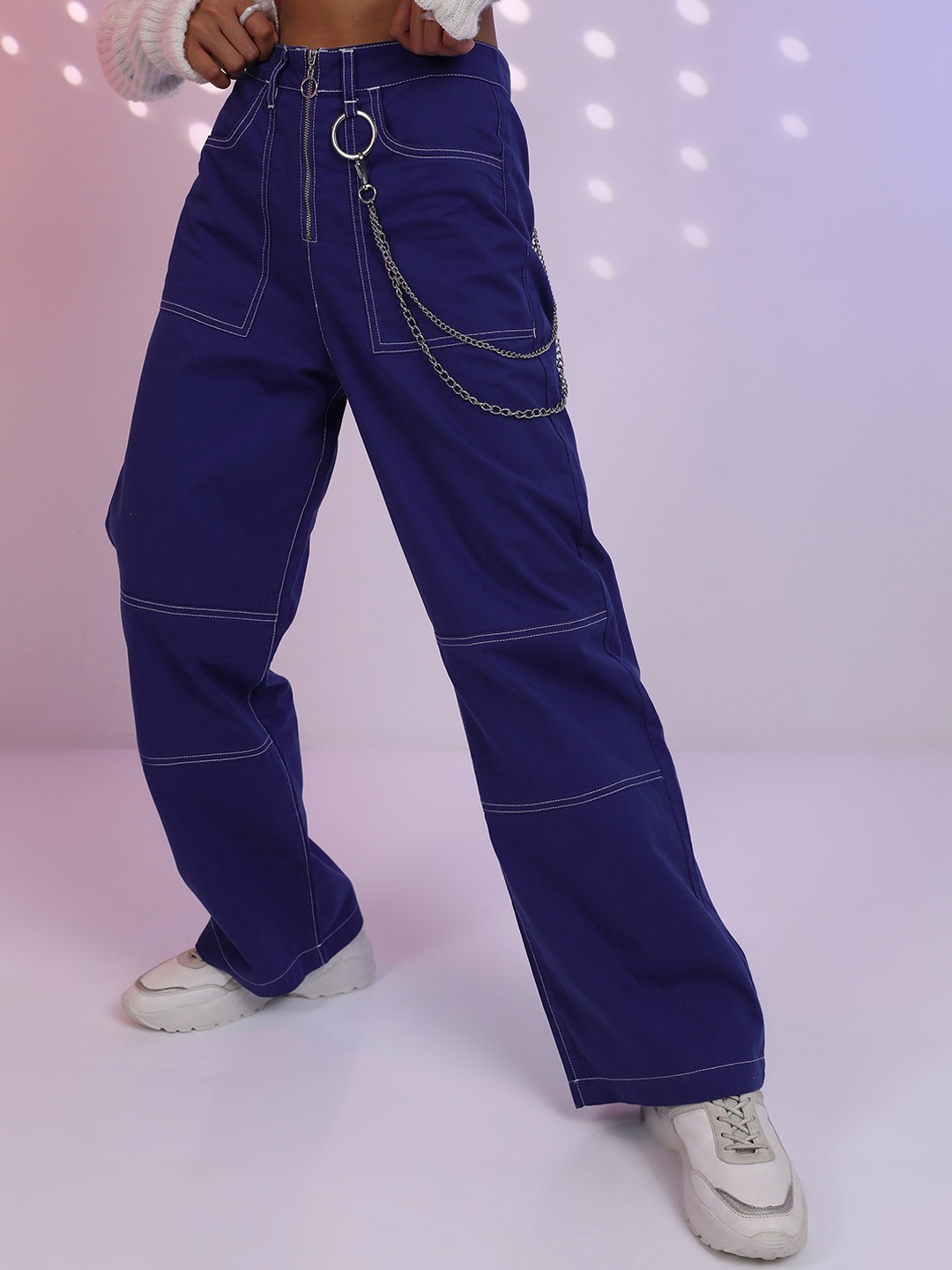 

Tokyo Talkies Women Loose Fit Trouser Parallel Trousers, Navy blue