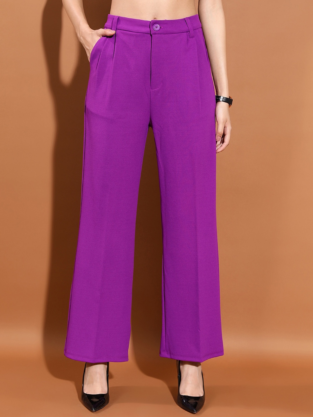 

Tokyo Talkies Women Purple Straight Fit Pleated Parallel Trousers