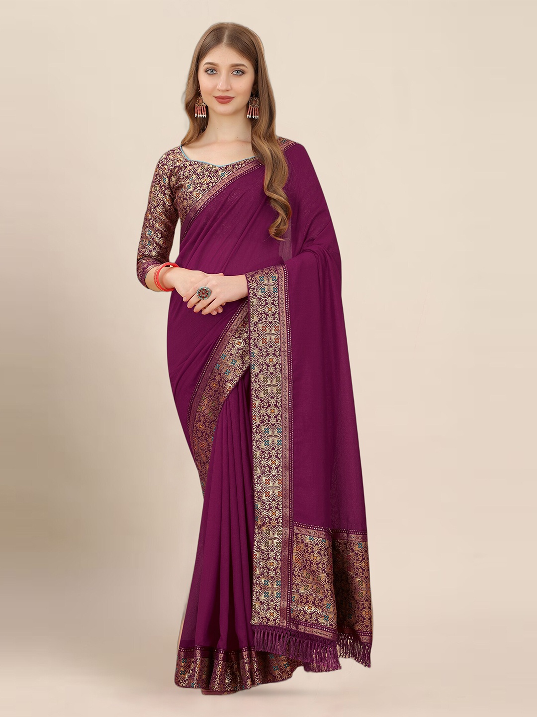 

Anjaneya Sarees Woven Design Border Detail Zari Tissue Saree, Purple