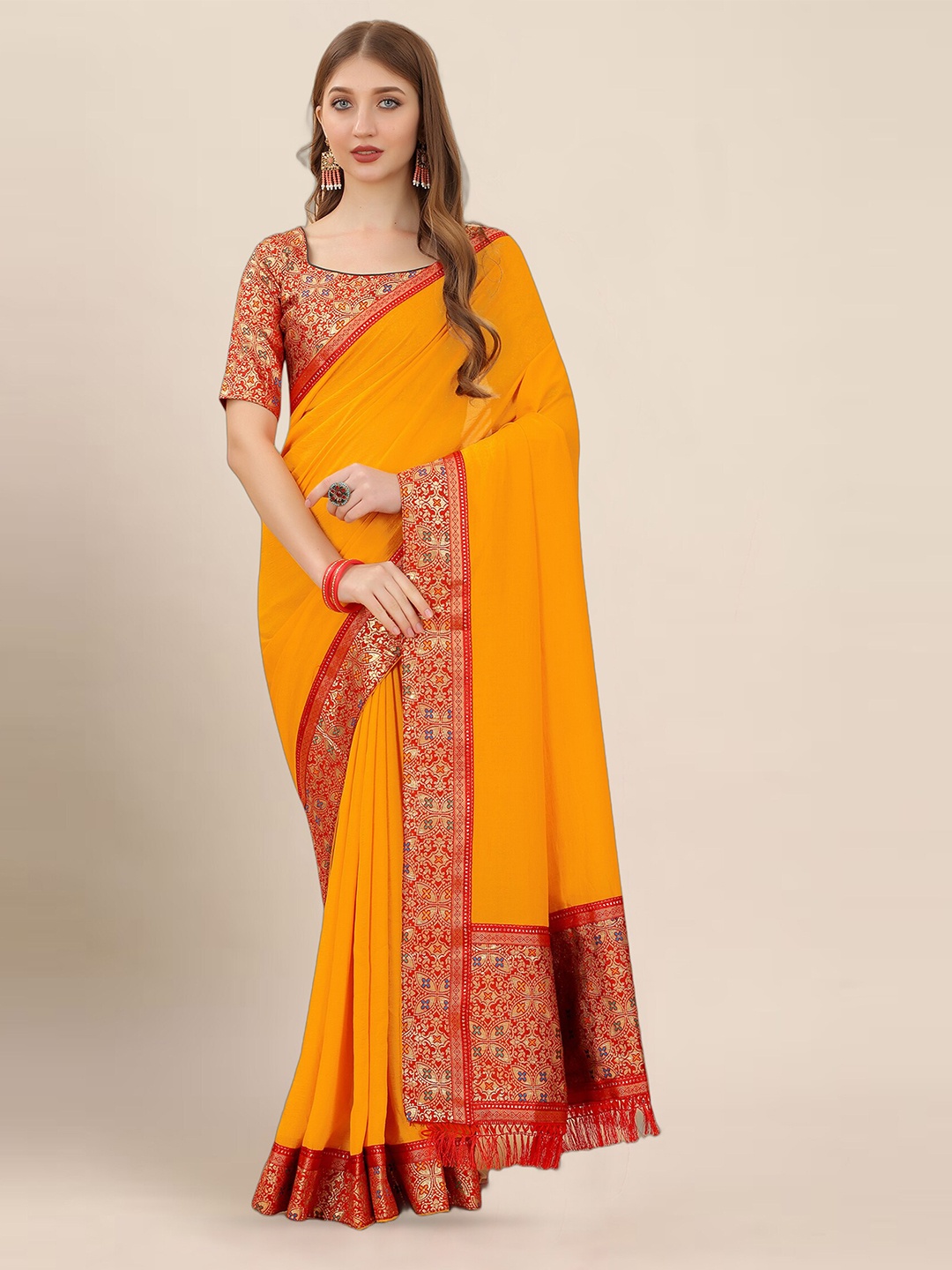 

Anjaneya Sarees Woven Design Border Detail Zari Tissue Saree, Yellow