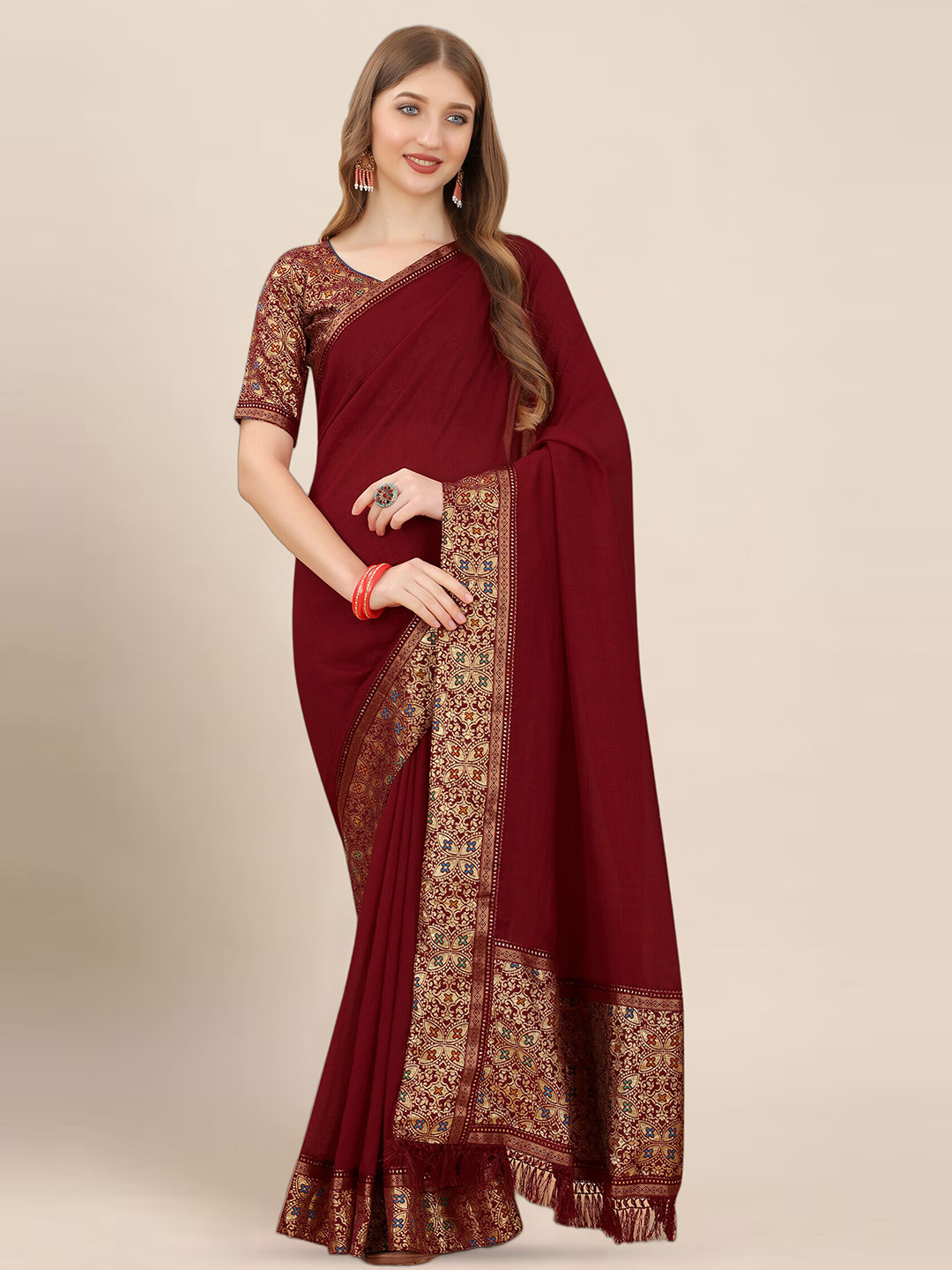 

Anjaneya Sarees Zari Silk Blend Saree, Maroon