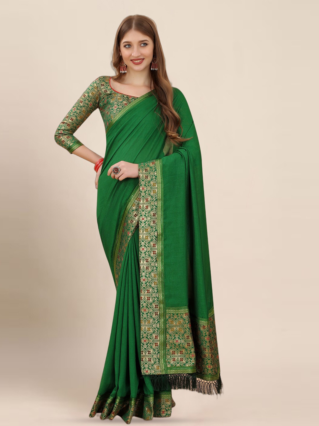 

Anjaneya Sarees Woven Design Border Detail Zari Tissue Saree, Green
