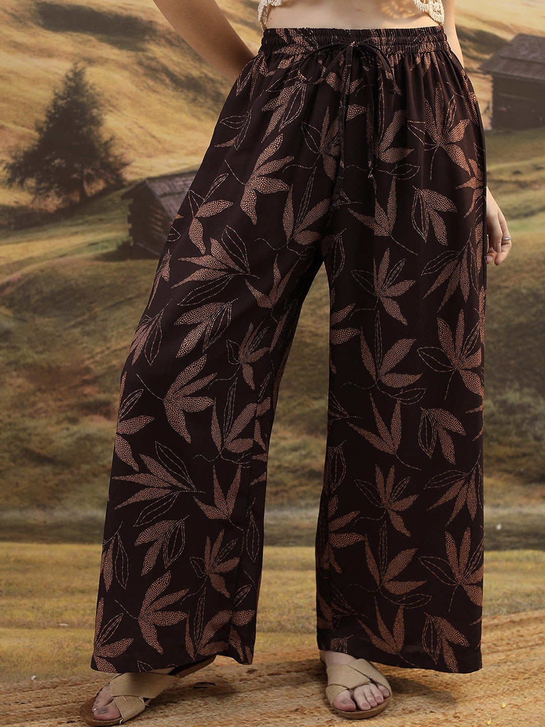 

KETCH Women Floral Printed Flared Fit Parallel Trousers, Brown