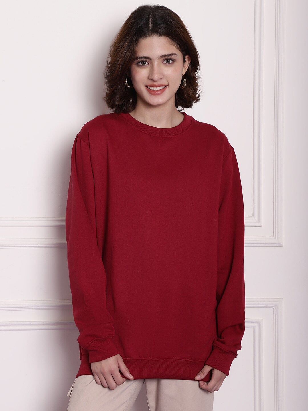 

Imsa Moda Round Neck Long Sleeves Fleece Sweatshirt, Maroon