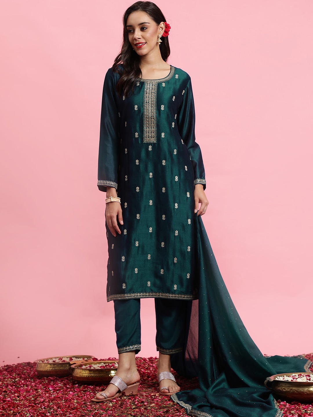 

Indo Era Ethnic Motifs Embroidered Sequinned Straight Kurta & Trousers With Dupatta, Teal