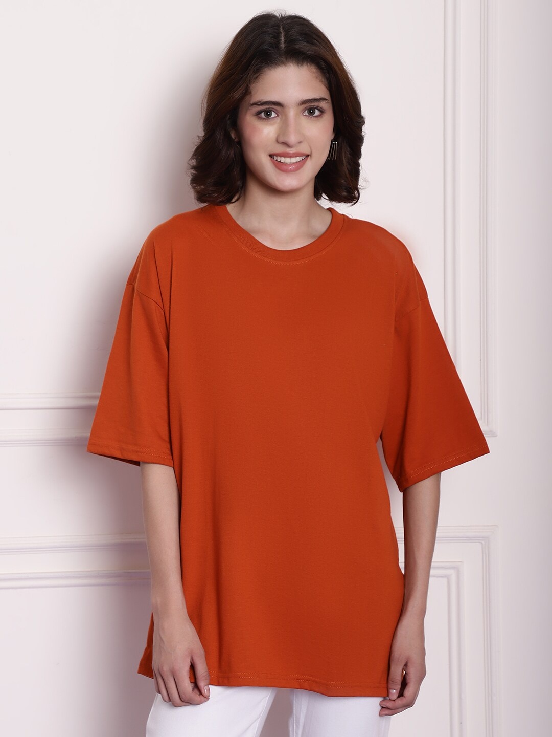 

Imsa Moda Round Neck Drop-Shoulder Sleeves Cotton Longline Oversized T-shirt, Orange